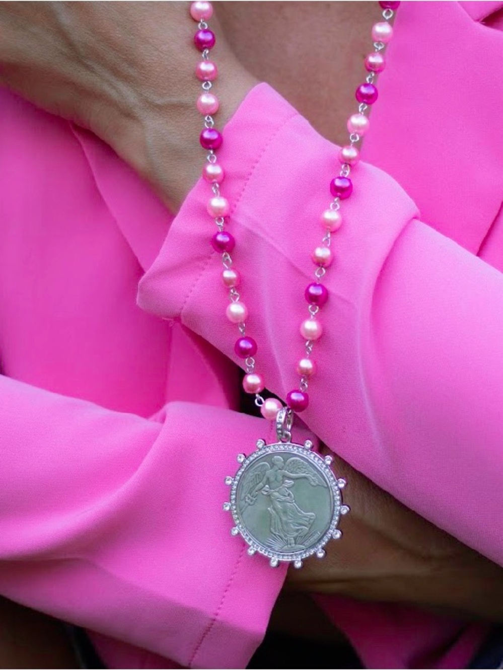 Pink Pearl Bead Necklace with Silver Medal Pendant